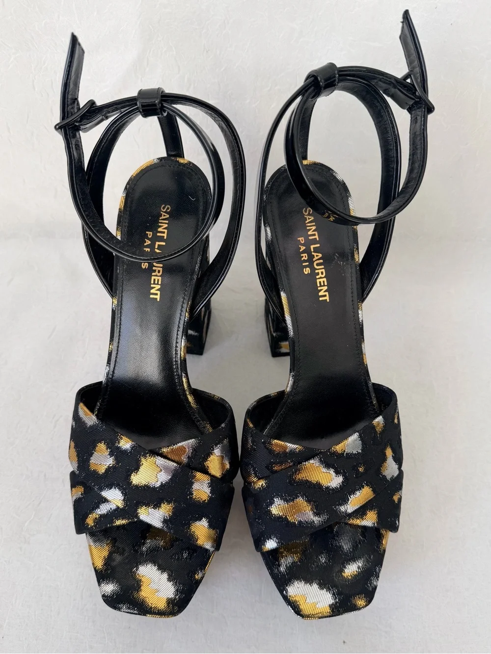 Auth Saint Laurent Farrah Jacquard Leopard Platform Sandals